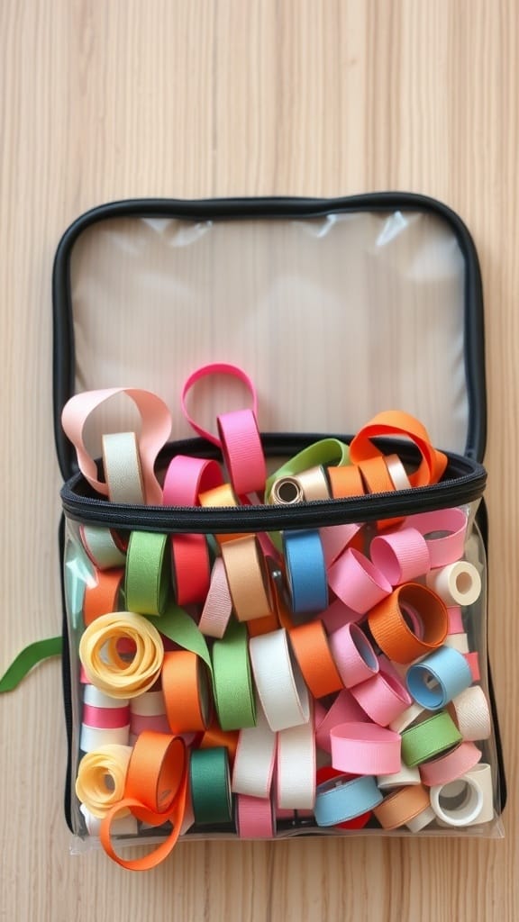 Practical Ribbon Organizing Ideas for a More Organized Craft Space (21 Tips) 19 A clear ribbon storage bag filled with colorful ribbons, showcasing a variety of colors and styles.