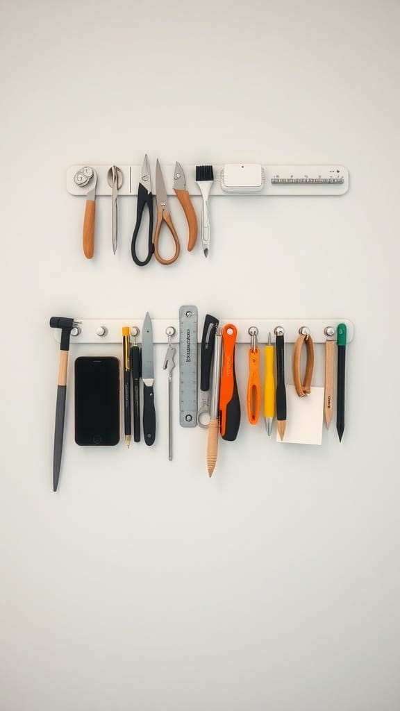 Magnetic strips holding various office tools and supplies on a wall.