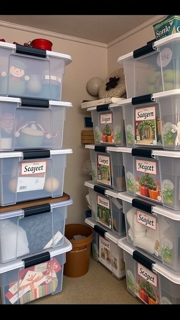 Dollar Store Organization Hacks That Actually Work: 23 Smart Storage Ideas 19 Organized seasonal decor in clear bins with labels for easy identification.