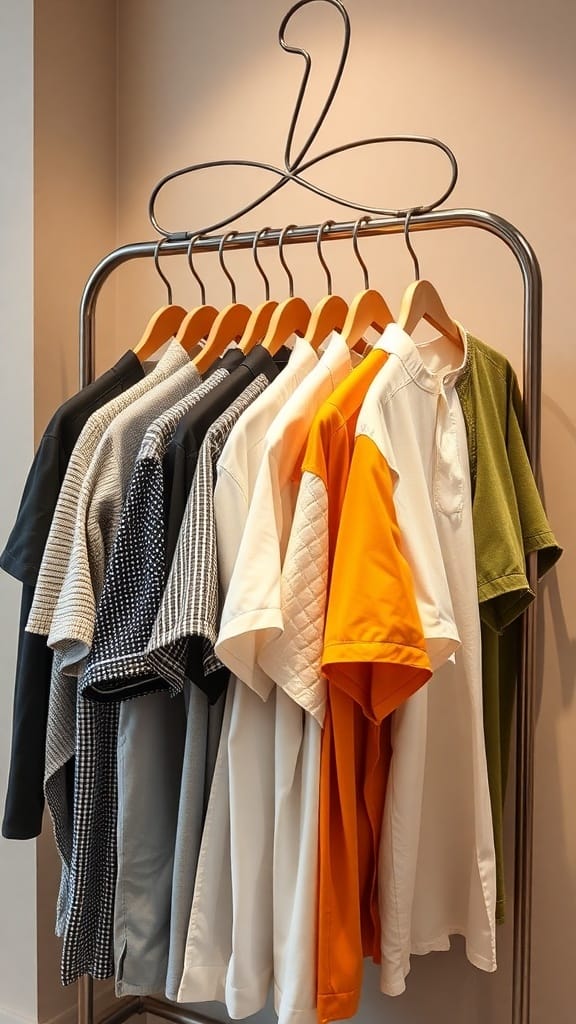 A modern shirt rack displaying a variety of shirts in different colors and patterns.