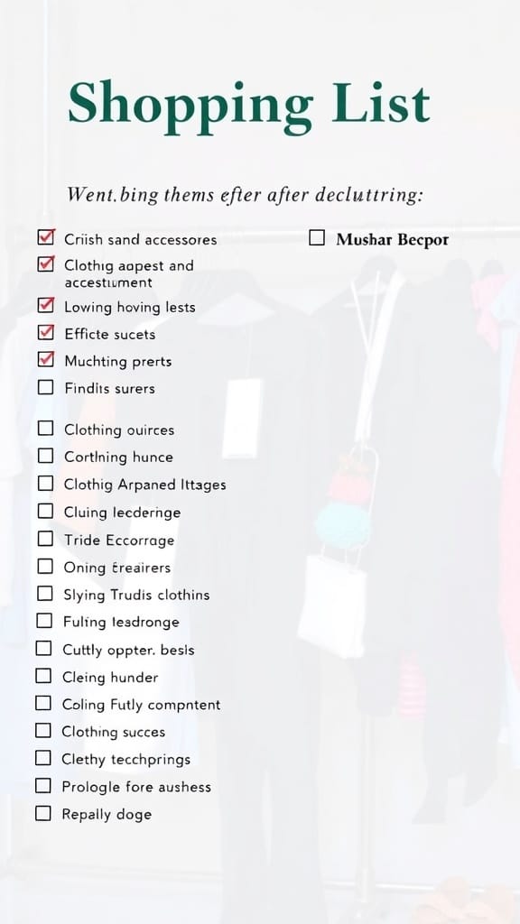 A shopping list with various clothing and accessory items written down, indicating what to buy after decluttering.