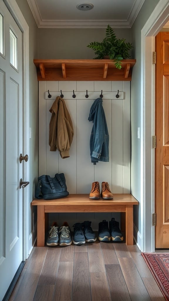 21 Clever Hidden Storage Ideas for a Clutter-Free Home 21 A stylish entryway with a wooden bench, hooks for coats, and shoes neatly arranged underneath.