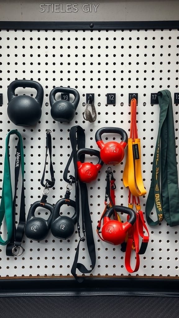 A pegboard in a gym displaying kettlebells and resistance bands organized neatly.