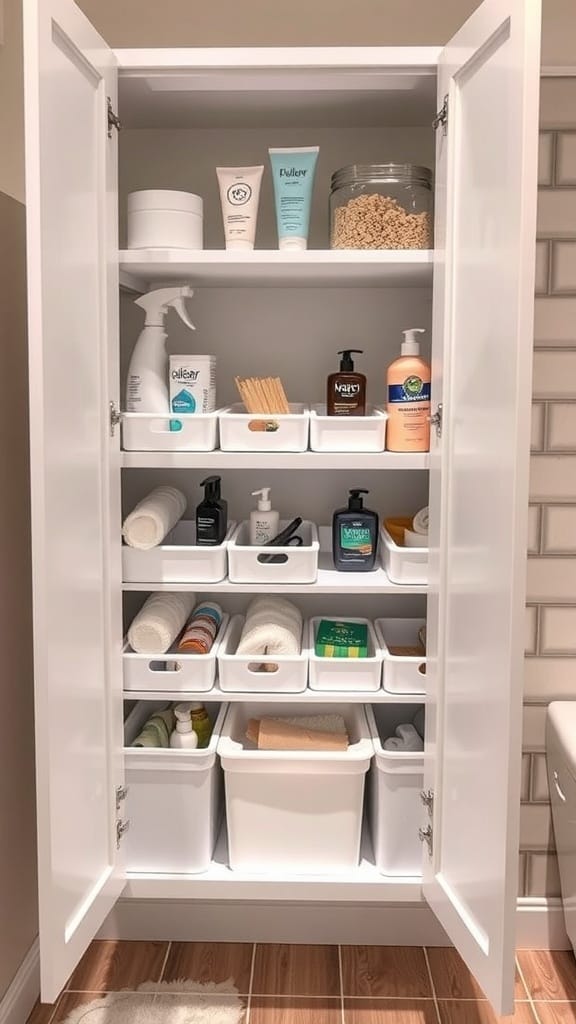 Organized bathroom cabinet with sliding bins for easy access to toiletries and supplies.