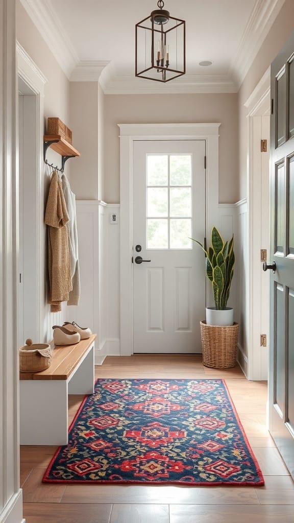 A stylish mudroom featuring a colorful rug, a wooden bench, and a potted plant.