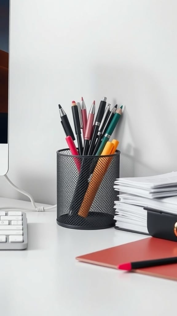A desk organizer with pens and pencils, alongside stacked papers and a notebook.