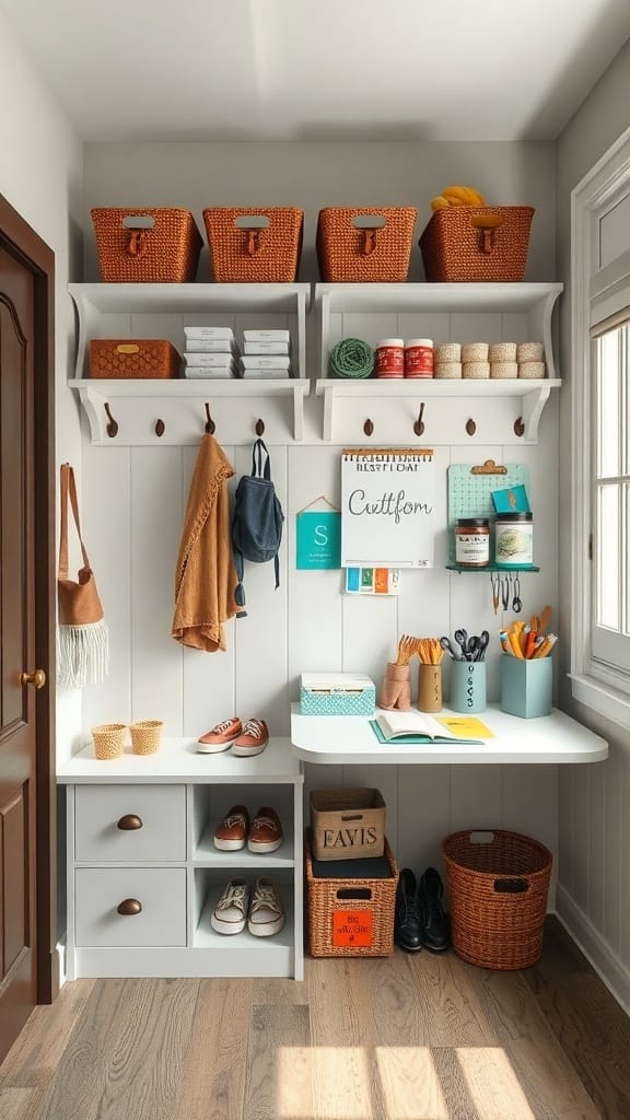 A well-organized mudroom craft station with shelves, baskets, and a workspace.