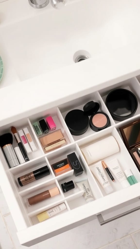 Organized bathroom drawer with dividers for makeup and accessories