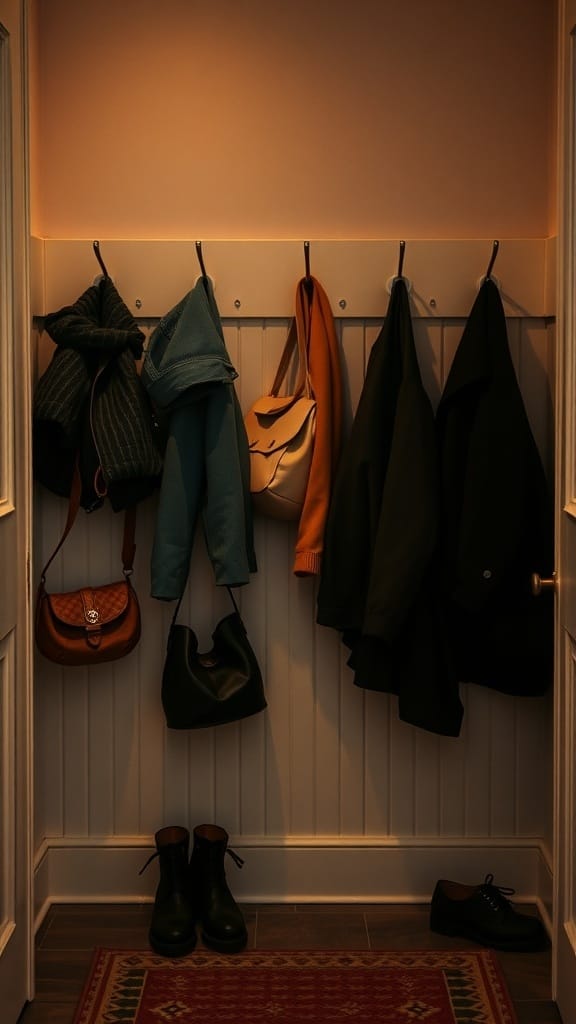 21 Genius Clutter Busting Hacks to Organize Your Home 14 An organized entryway with various coats and bags hanging on hooks.