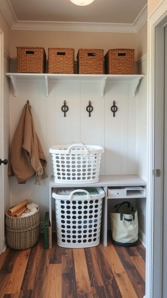 A well-organized mudroom featuring a laundry basket station with two baskets, woven storage bins, and hooks for hanging items.