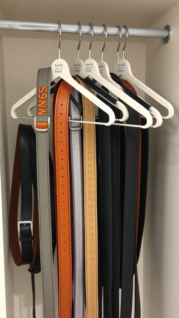 A collection of belts organized on white hangers in a closet.