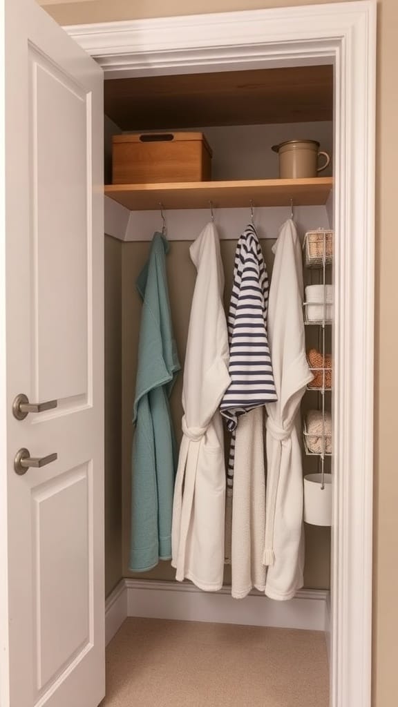 21 Brilliant Linen Closet Organizing Ideas for a Clutter-Free Home 12 A neatly organized linen closet with bathrobes hanging on hooks and accessories stored on shelves.