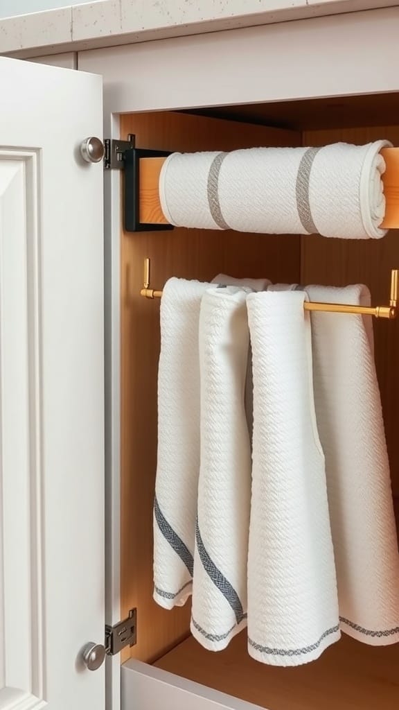 23 Brilliant Kitchen Drawer Organizing Ideas You Need to Try 14 Tension rods used to organize dish towels inside a kitchen cabinet.