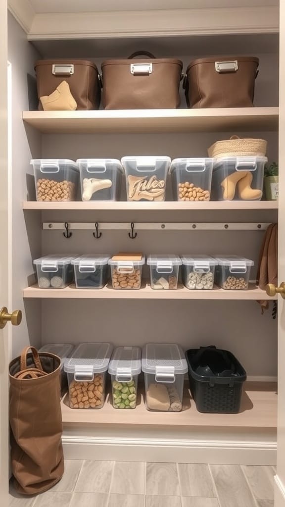 Organized mudroom shelf with clear containers and brown bags