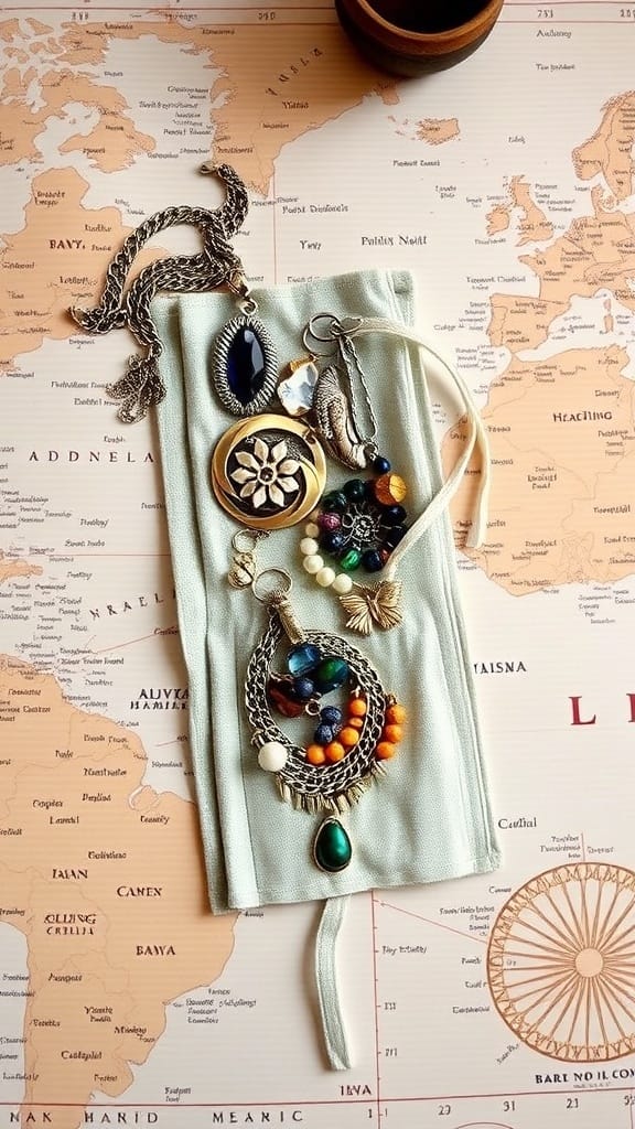 A fabric jewelry roll with various pieces of jewelry displayed on a map background.
