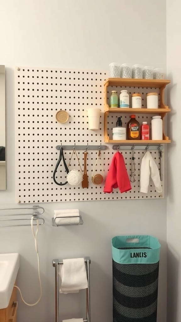 A pegboard in a bathroom displaying various storage items like toiletries, towels, and hooks.