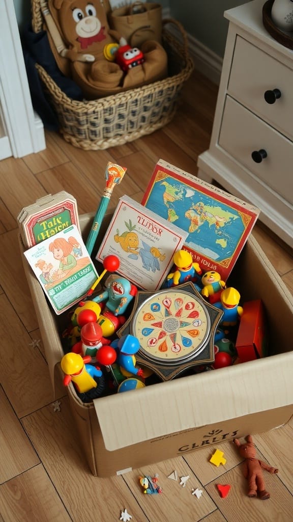 22 Things to Get Rid of for a Clutter-Free Home 8 A box filled with old toys and games, including colorful figures, books, and a wooden game.