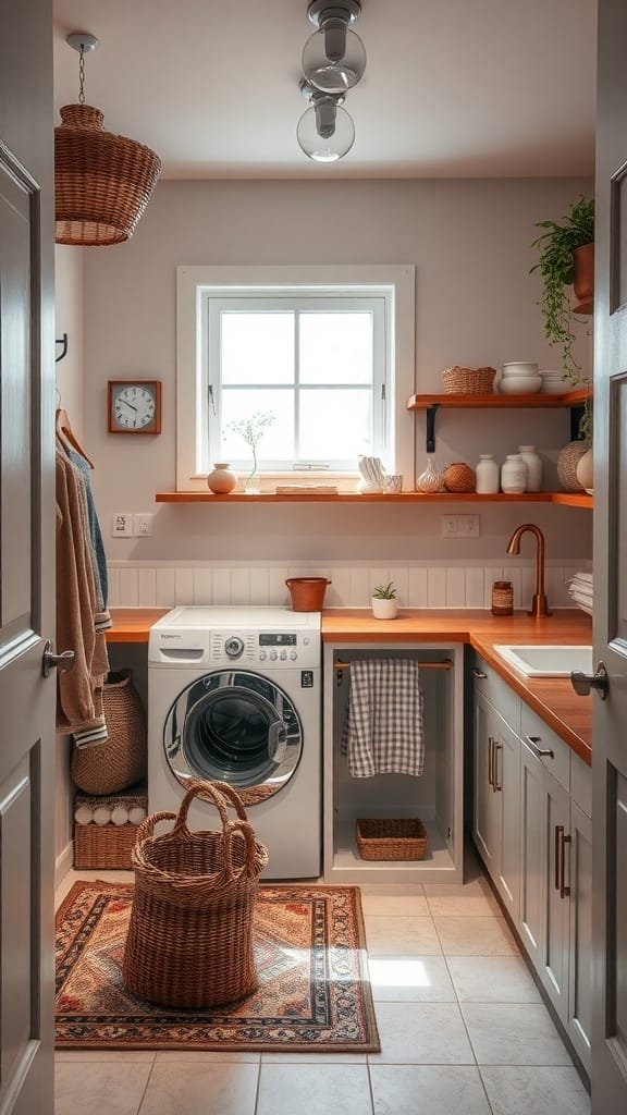 Cozy and organized laundry room with warm lighting, wooden shelves, and plants