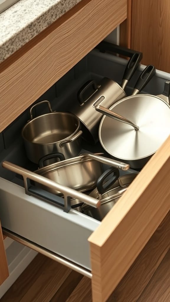 23 Brilliant Kitchen Drawer Organizing Ideas You Need to Try 7 A deep kitchen drawer filled with various pots and pans, showcasing the need for better organization.