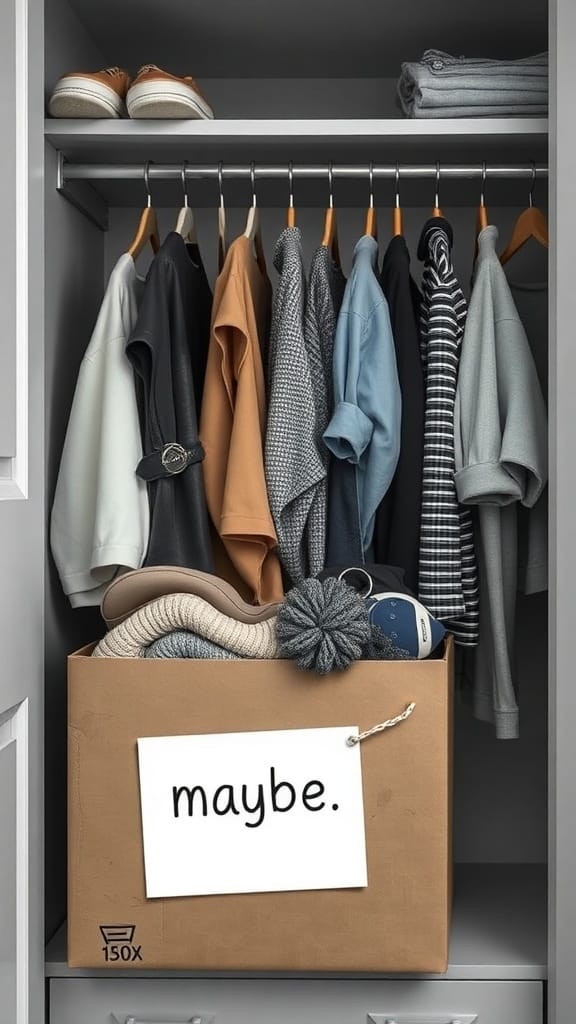 A closet with clothes hanging neatly and a box labeled 'maybe.'
