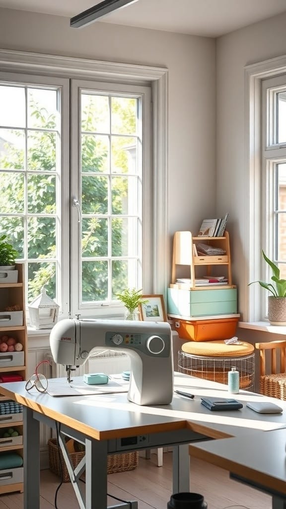 A bright sewing room with large windows, a sewing machine on a table, and organized storage.