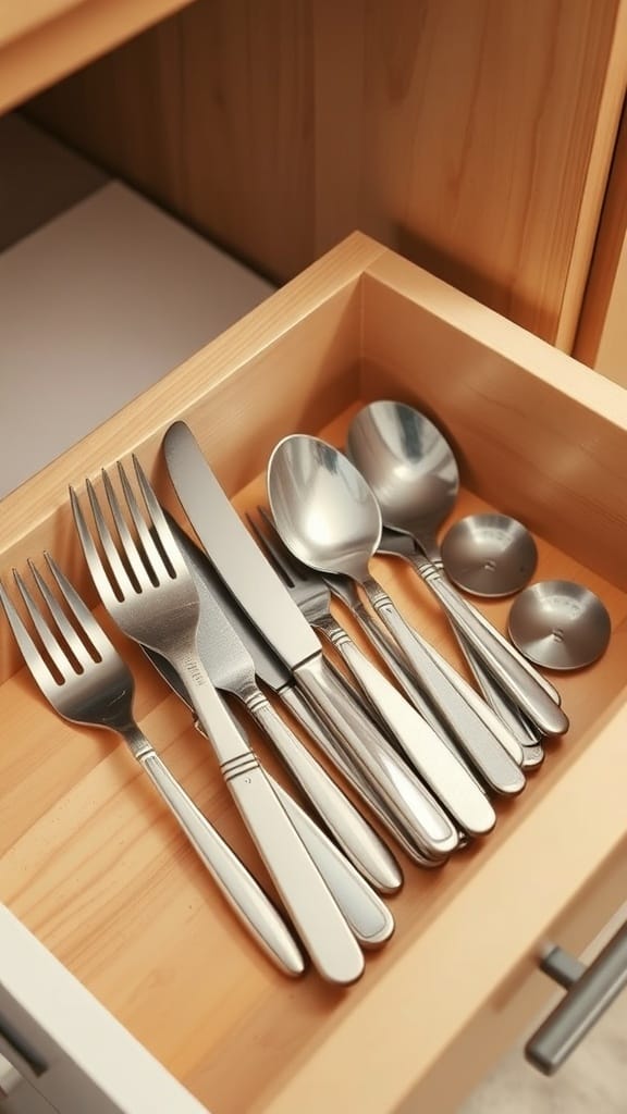 23 Brilliant Kitchen Drawer Organizing Ideas You Need to Try 19 A neatly organized kitchen drawer with a cutlery holder containing forks, knives, and spoons.