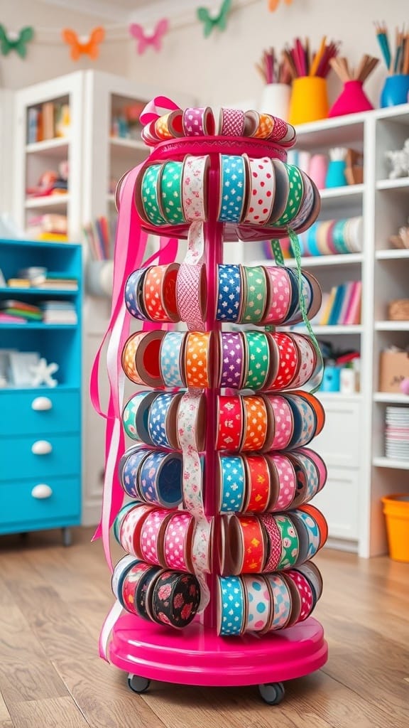 Practical Ribbon Organizing Ideas for a More Organized Craft Space (21 Tips) 20 A colorful rotating ribbon rack filled with various ribbons in a crafting space.