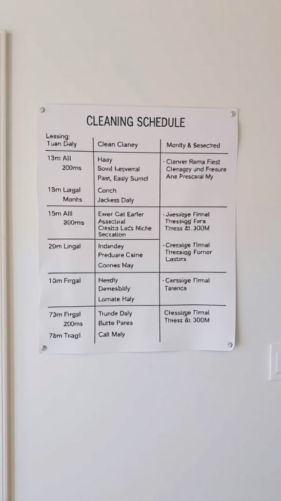 21 Genius Clutter Busting Hacks to Organize Your Home 19 A printed cleaning schedule with various tasks and times listed.