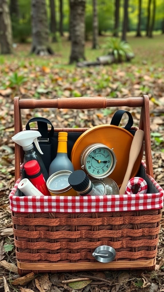 A wicker caddy filled with various outdoor activity items, including bottles and cooking tools, set against a natural background.