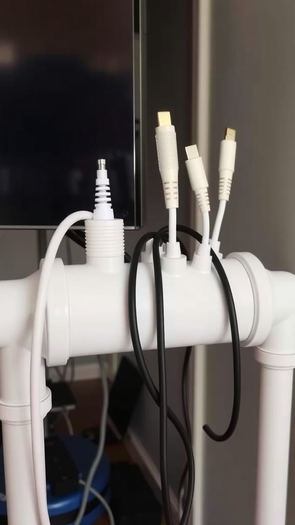 19 Genius Cord and Cable Organization Hacks for a Clutter-Free Space 18 A custom cable organizer made from PVC pipes, holding various cables neatly.