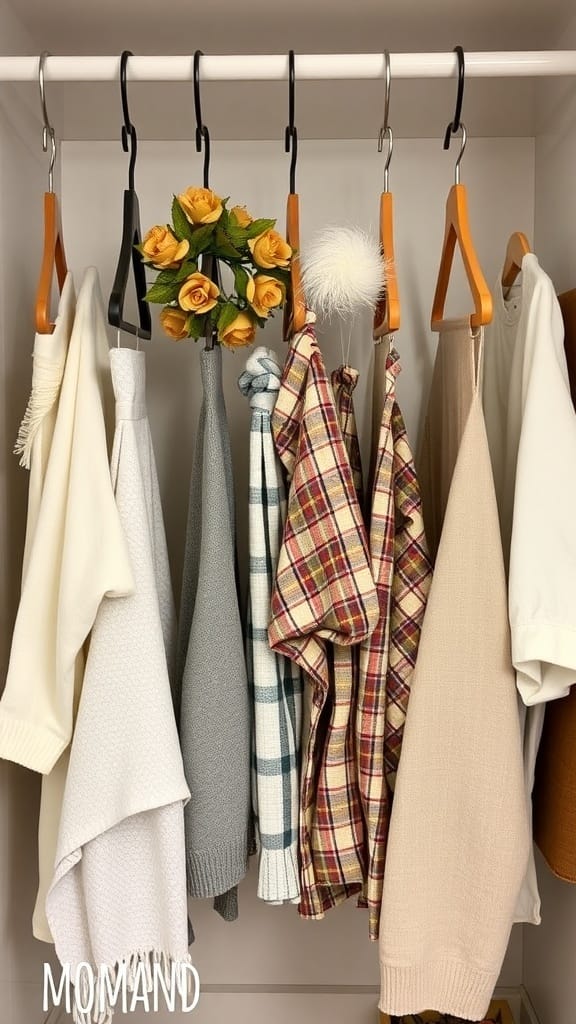 A closet with various seasonal decor items hanging on hangers, including a floral arrangement.