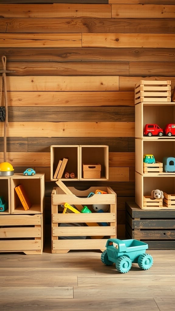 21 Creative Toy Storage Ideas for a Clutter-Free Playroom 22 Wooden crates used for toy storage against a rustic wooden wall.