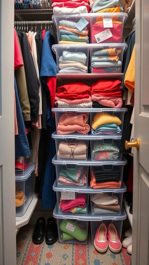 22 Genius Closet Organization Hacks You Need to Try 8 A well-organized closet featuring clear storage bins filled with folded clothes, showcasing a variety of colors.