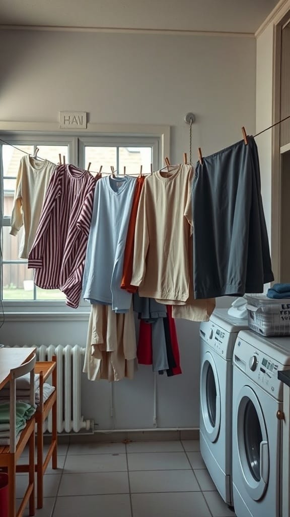 25 Creative Laundry Room Organizing Ideas to Maximize Space 11 A clothesline with various garments hanging to dry in a laundry room.