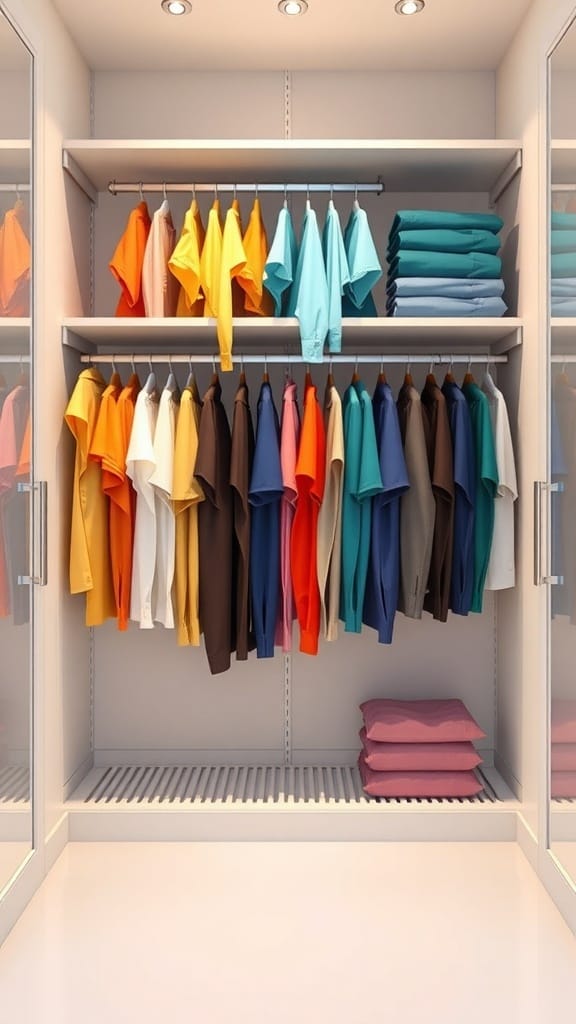 A neatly organized closet with shirts arranged by color, showcasing a vibrant color-blocking technique.