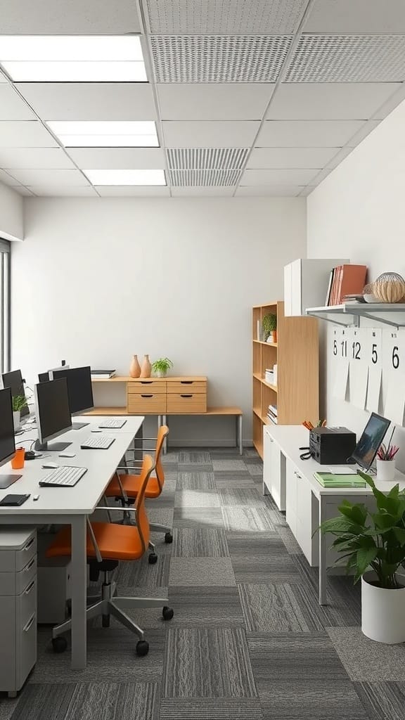 A modern office space with defined work zones, featuring multiple desks, orange chairs, and organized storage.