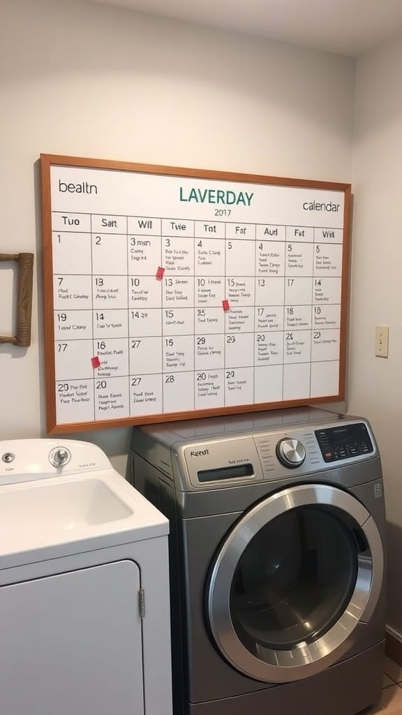 25 Creative Laundry Room Organizing Ideas to Maximize Space 20 A family calendar board displayed in a laundry room next to a washing machine and dryer.