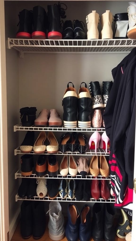 22 Genius Closet Organization Hacks You Need to Try 6 A well-organized shoe rack with various types of shoes neatly arranged on multiple shelves.