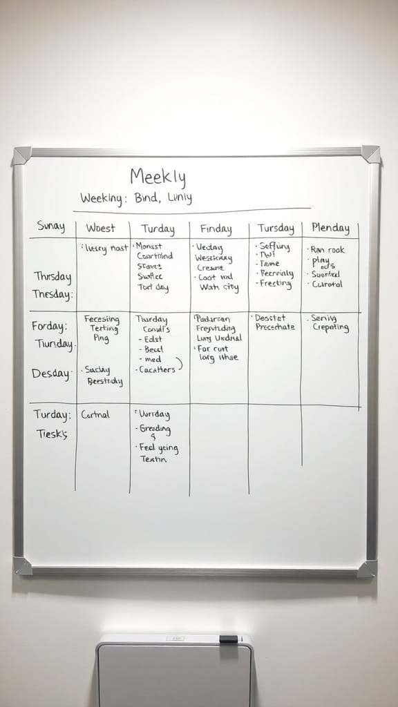 A whiteboard displaying a weekly planning grid with tasks organized by day.