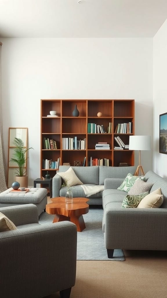 22 Things to Get Rid of for a Clutter-Free Home 10 A modern living room with gray sofas, a wooden coffee table, and a bookshelf filled with books.