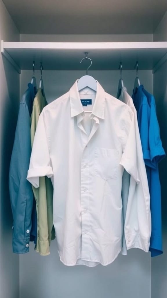 A neatly organized closet with a variety of shirts hanging on hangers.