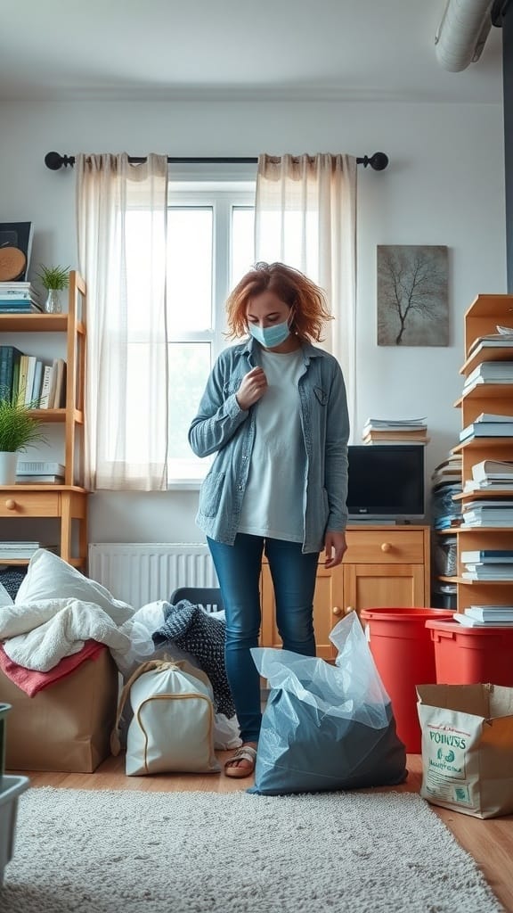 23 Clever and Affordable Organizing on a Budget Tips for a Tidy Home 5 A person with a mask standing in a cluttered room, surrounded by bags and boxes, contemplating decluttering.