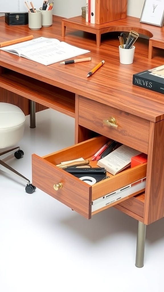 21 Clever Hidden Storage Ideas for a Clutter-Free Home 7 A wooden desk with an open drawer showing office supplies and documents.