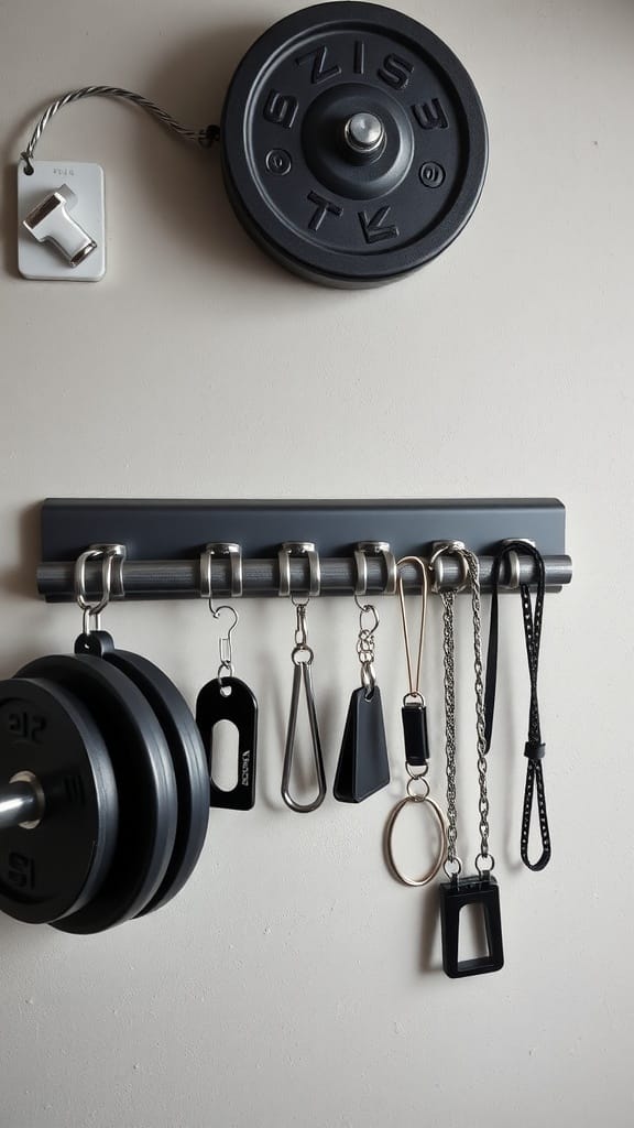 A magnetic strip on a wall holding various gym accessories like weights and clips.