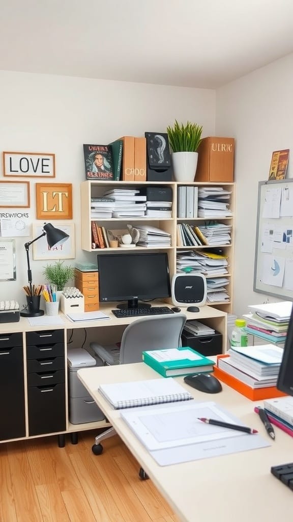 A neatly organized home office with a desk, computer, shelving unit, and decorative elements.