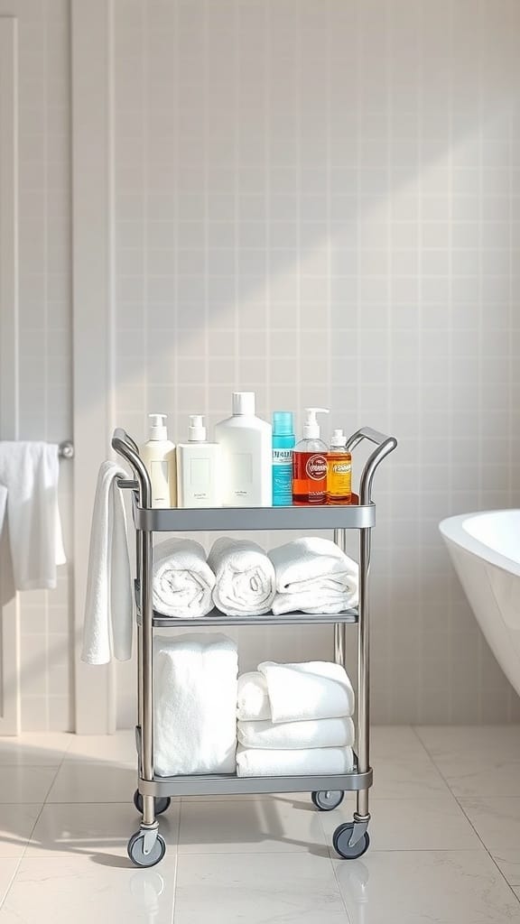 A modern bathroom cart with toiletries and towels