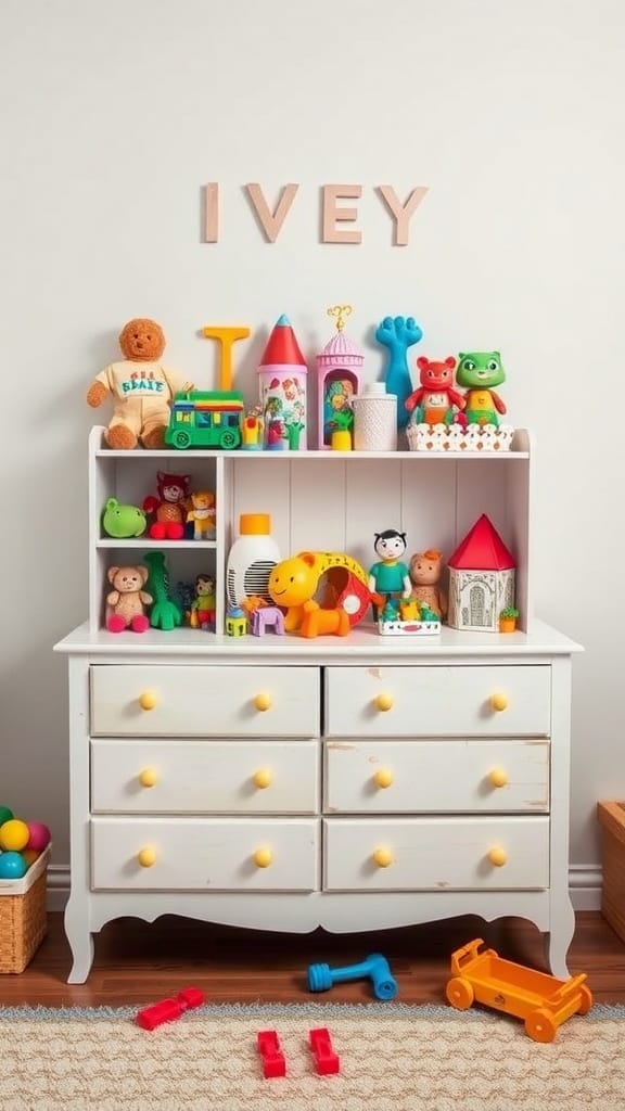 21 Creative Toy Storage Ideas for a Clutter-Free Playroom 5 A repurposed dresser used for toy storage, featuring colorful toys and cheerful decor.