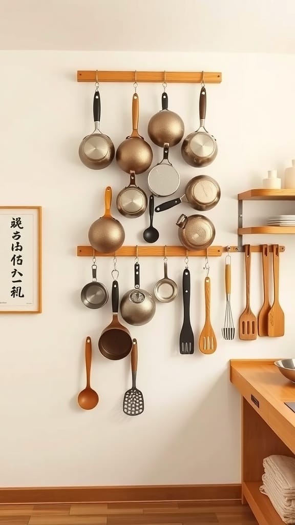 22 Creative Japanese Home Organization Ideas for a Clutter-Free Space 12 A kitchen wall with pots, pans, and utensils organized on hooks for easy access.