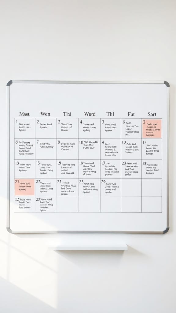 A whiteboard monthly calendar with days of the week and tasks written in each box.