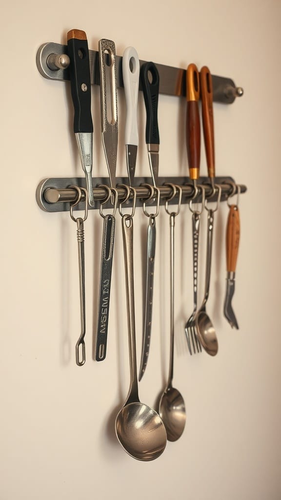 Dollar Store Organization Hacks That Actually Work: 23 Smart Storage Ideas 5 Magnetic strip holding various metal kitchen utensils on a wall